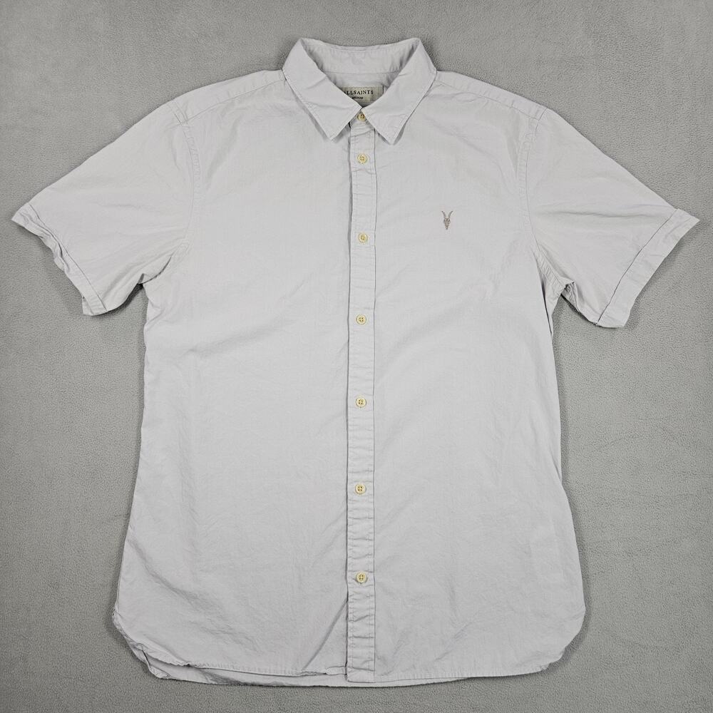 AllSaints Shirt Mens Medium Gray Solid Riviera Short Sleeve Button Front Ram